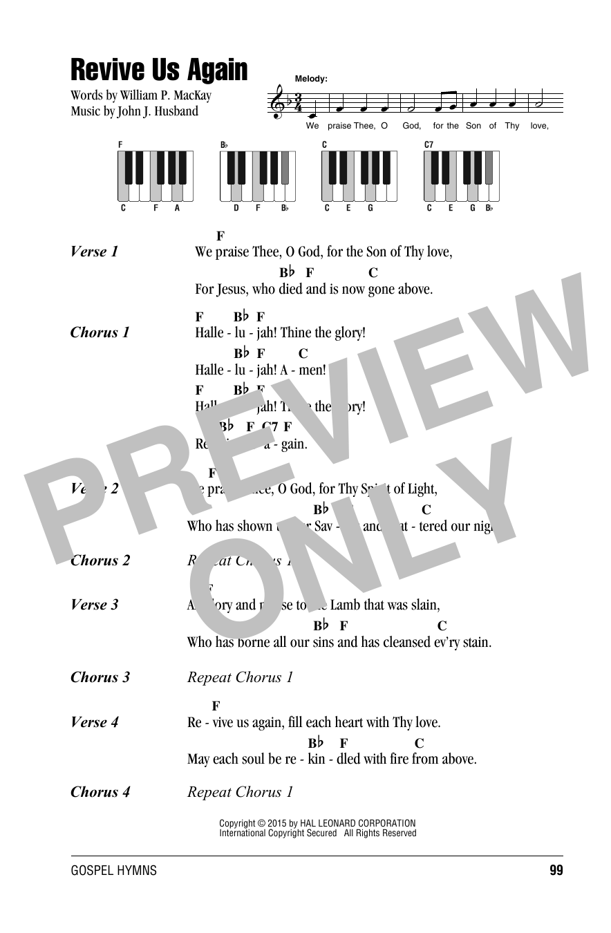 John J. Husband Revive Us Again sheet music notes and chords arranged for Piano, Vocal & Guitar Chords (Right-Hand Melody)