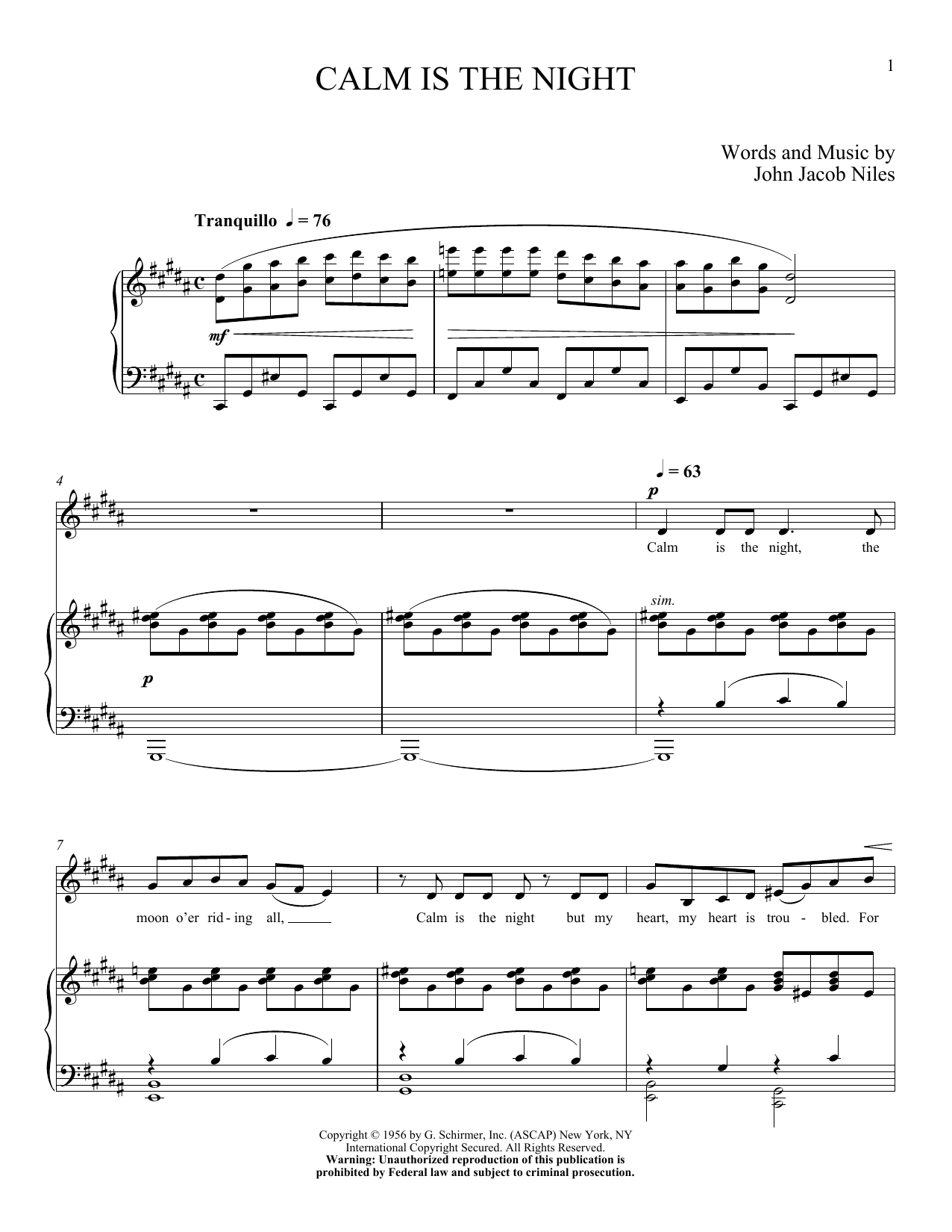 John Jacob Niles Calm Is The Night sheet music notes and chords arranged for Piano & Vocal