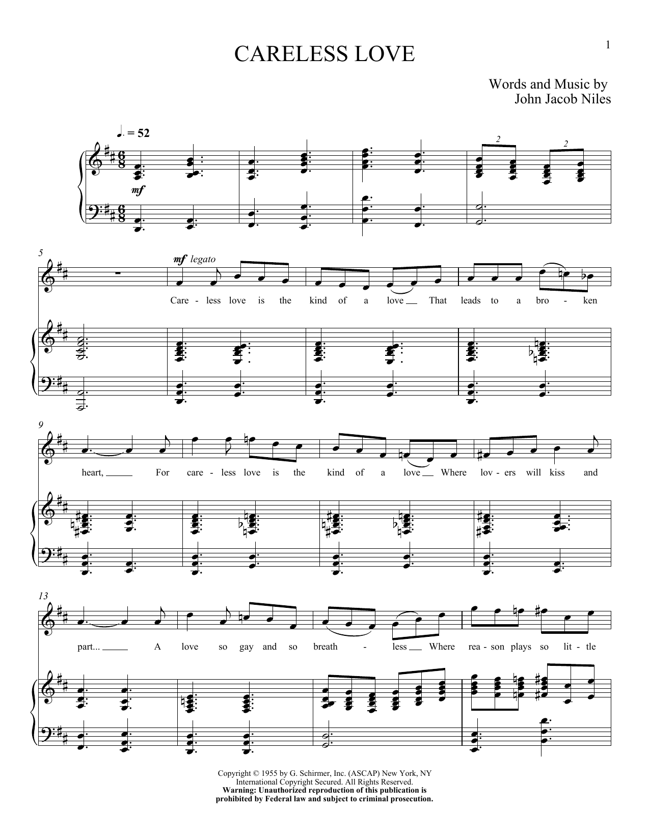 John Jacob Niles Careless Love sheet music notes and chords arranged for Piano & Vocal