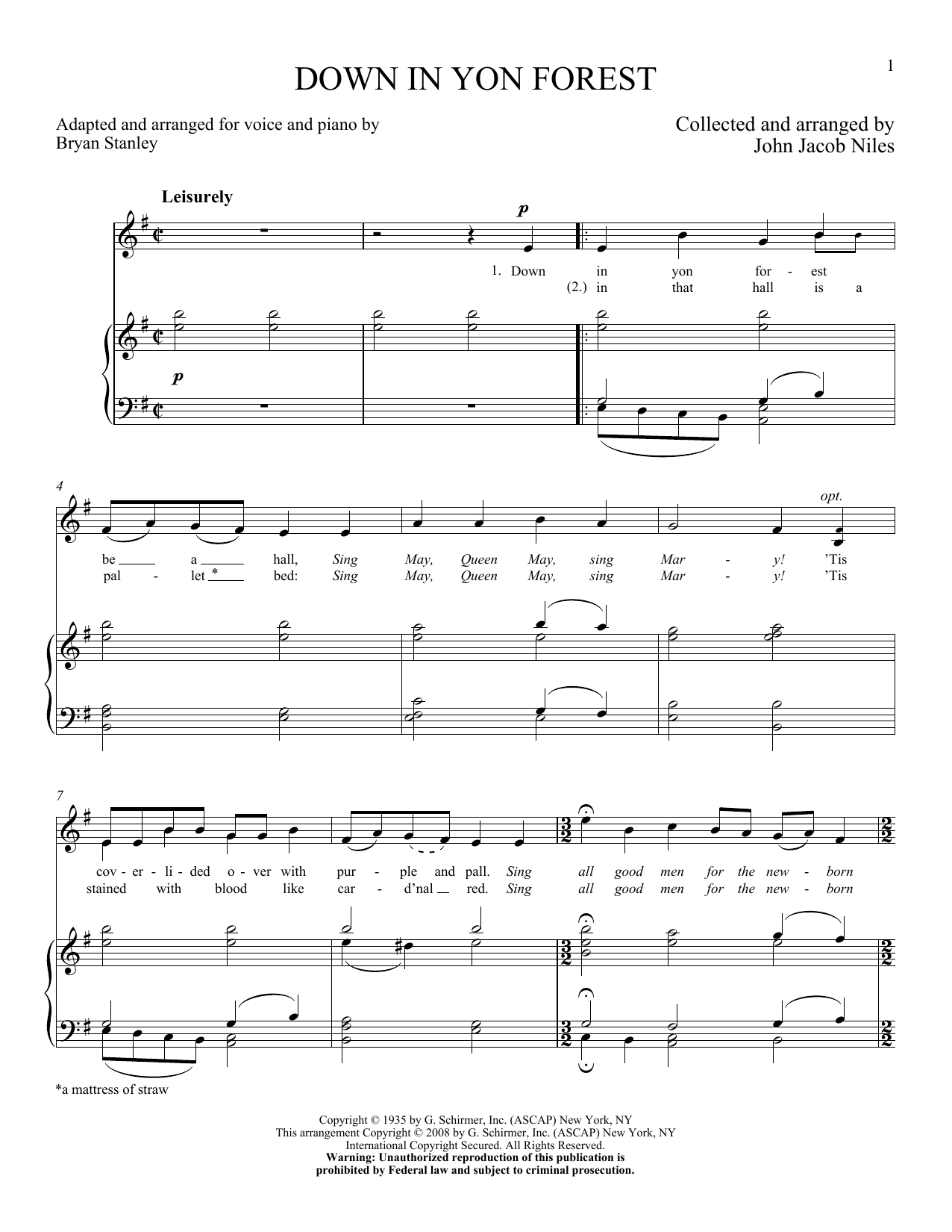 John Jacob Niles Down In Yon Forest sheet music notes and chords arranged for Piano & Vocal