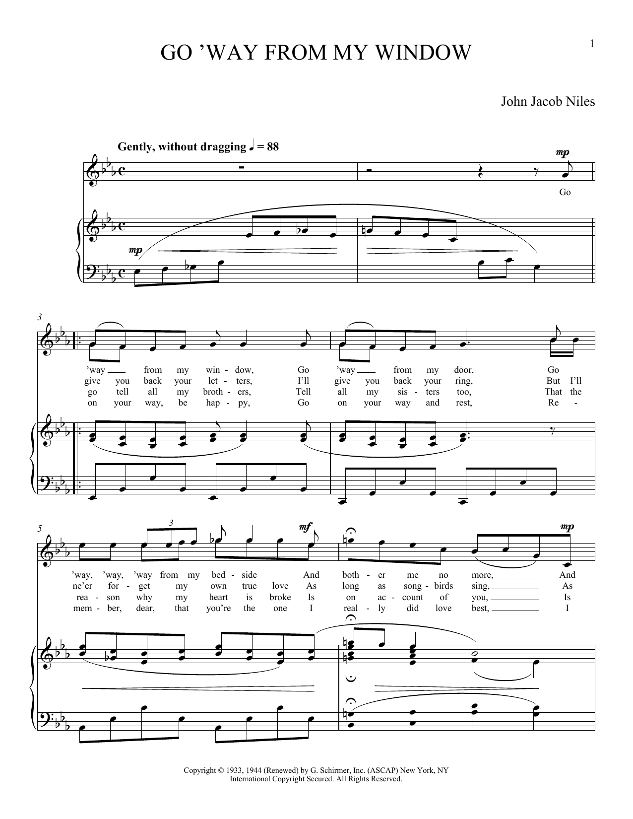 John Jacob Niles Go 'Way From My Window sheet music notes and chords arranged for Piano & Vocal