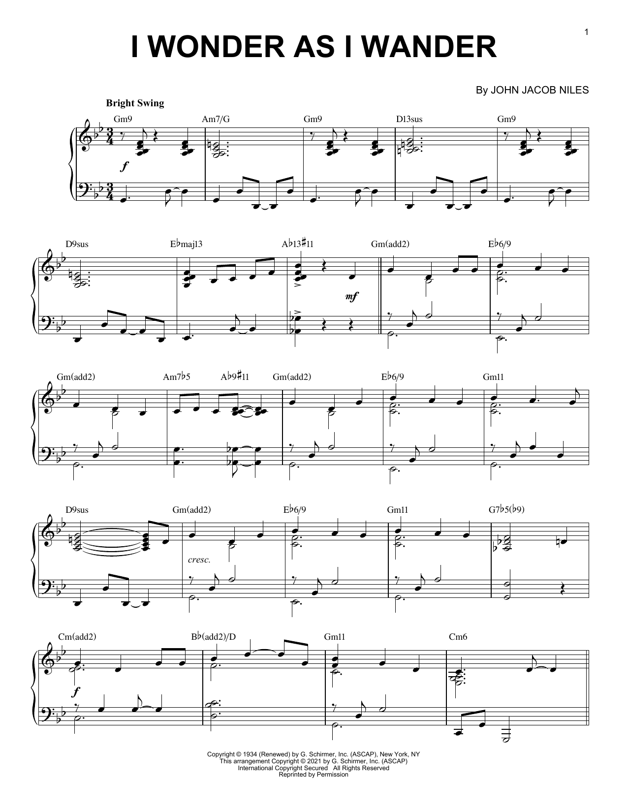 John Jacob Niles I Wonder As I Wander [Jazz version] (arr. Brent Edstrom) sheet music notes and chords arranged for Piano Solo