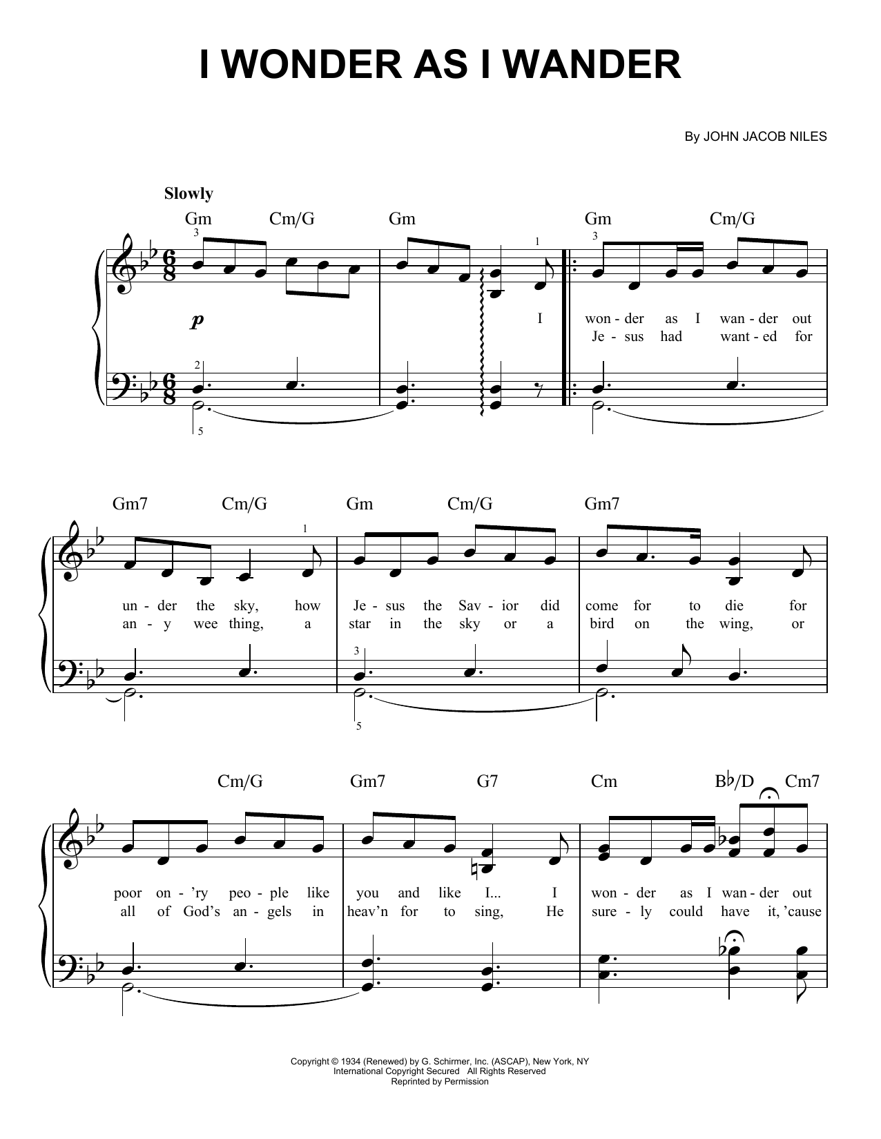 John Jacob Niles I Wonder As I Wander sheet music notes and chords arranged for 5-Finger Piano