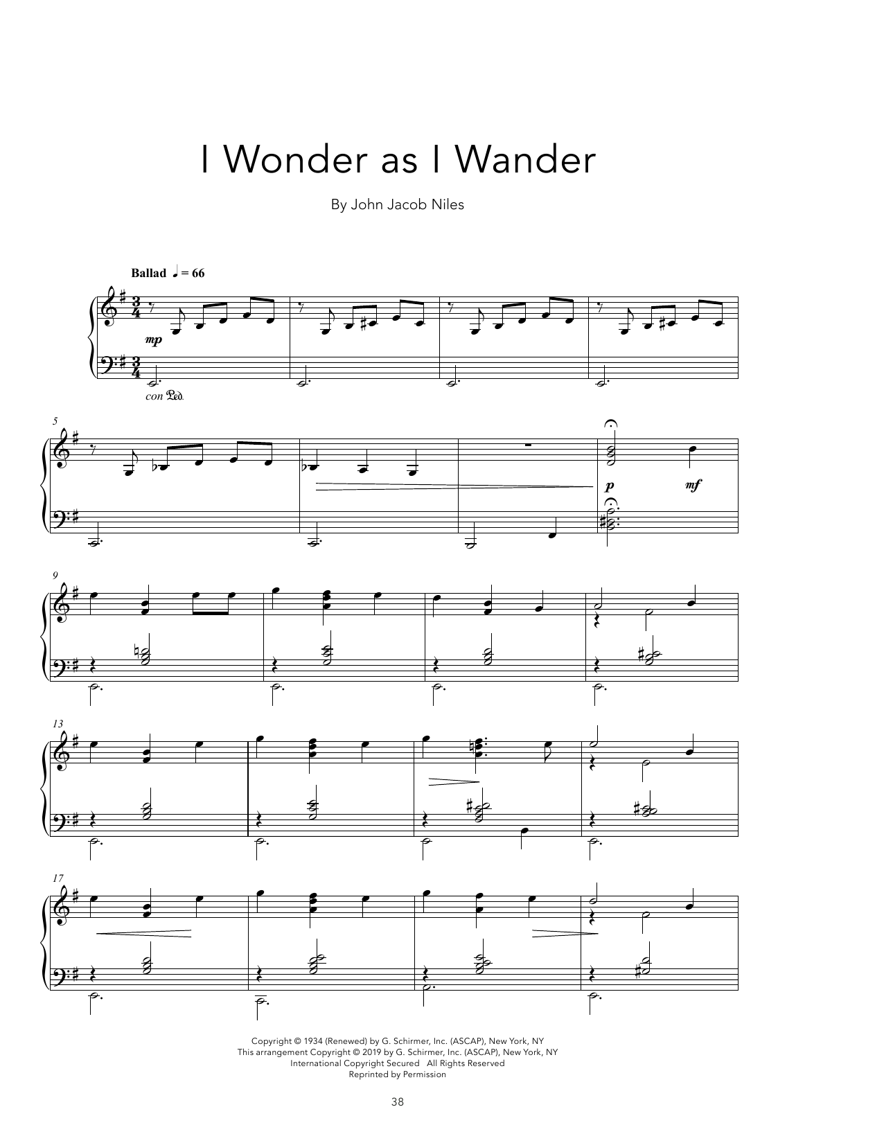 John Jacob Niles I Wonder As I Wander [Peaceful version] sheet music notes and chords arranged for Piano Solo