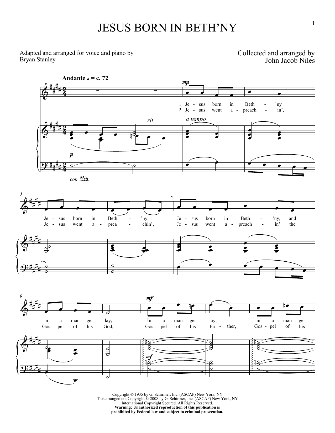 John Jacob Niles Jesus Born In Beth'ny sheet music notes and chords arranged for Piano & Vocal