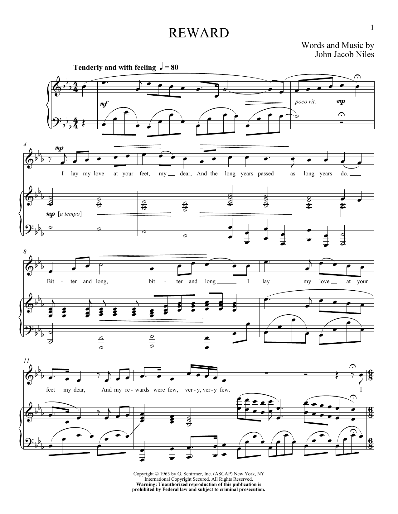 John Jacob Niles Reward sheet music notes and chords arranged for Piano & Vocal