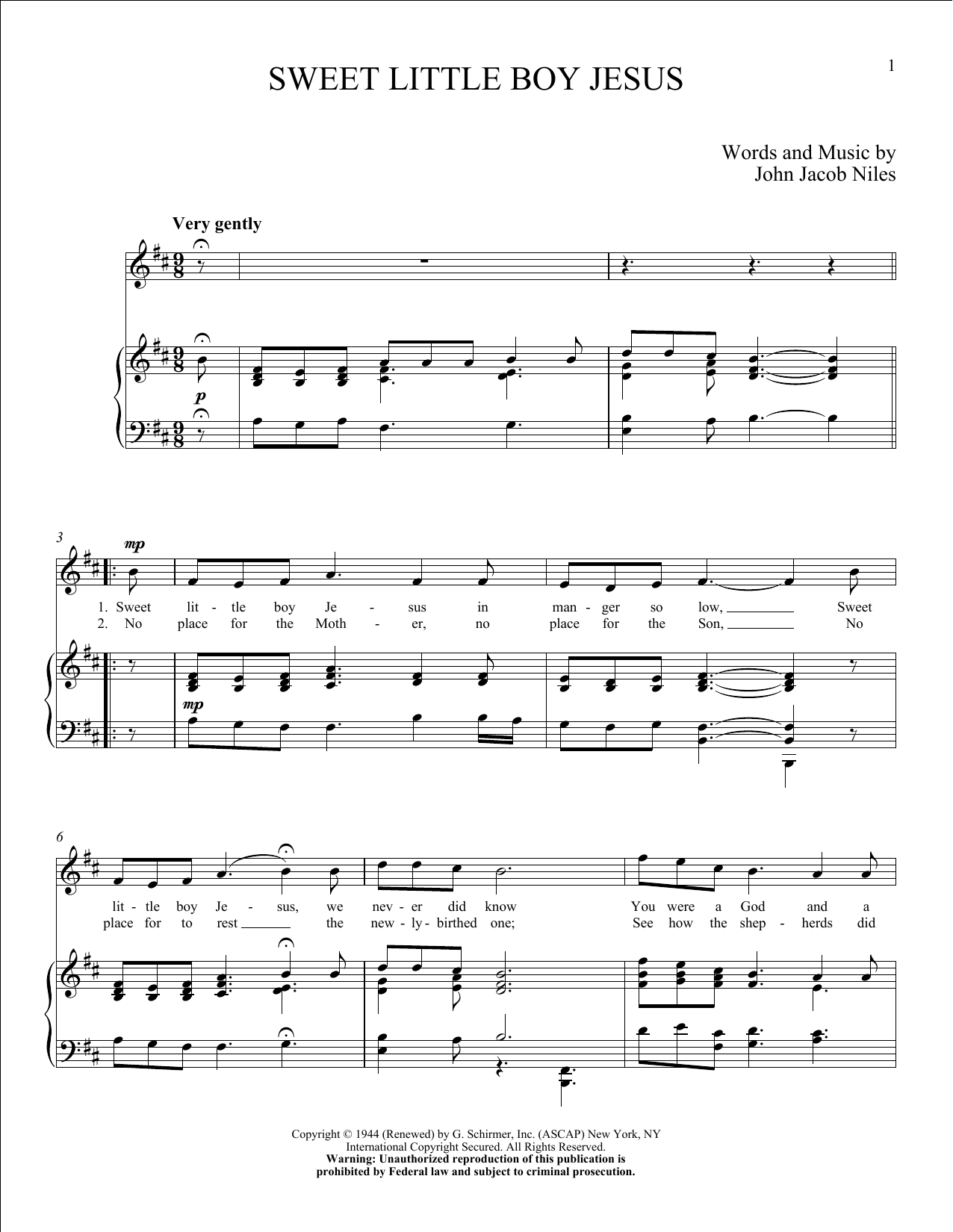 John Jacob Niles Sweet Little Boy Jesus sheet music notes and chords arranged for Piano & Vocal