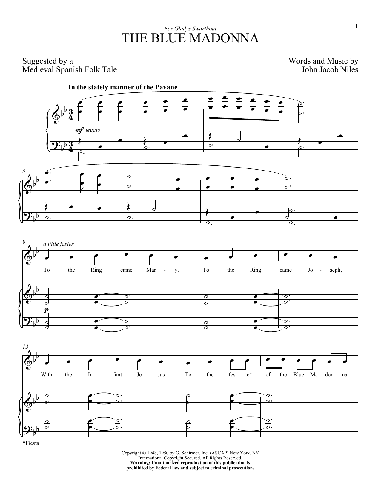 John Jacob Niles The Blue Madonna sheet music notes and chords arranged for Piano & Vocal