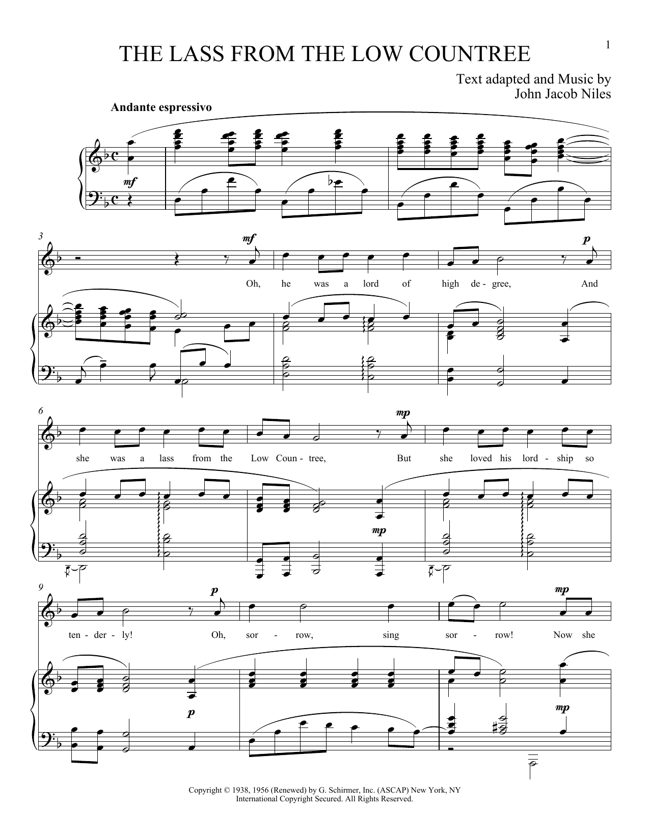 John Jacob Niles The Lass From The Low Countree sheet music notes and chords arranged for Piano & Vocal