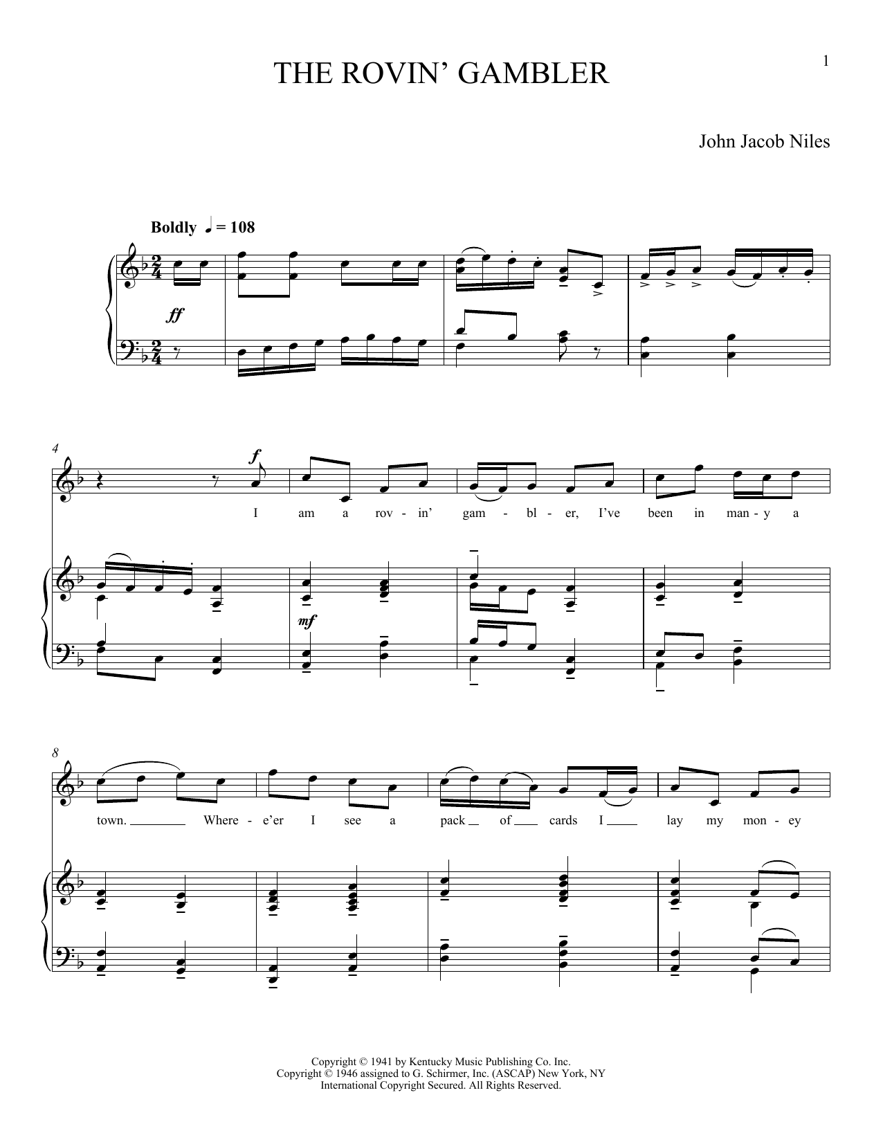 John Jacob Niles The Rovin' Gambler sheet music notes and chords arranged for Piano & Vocal