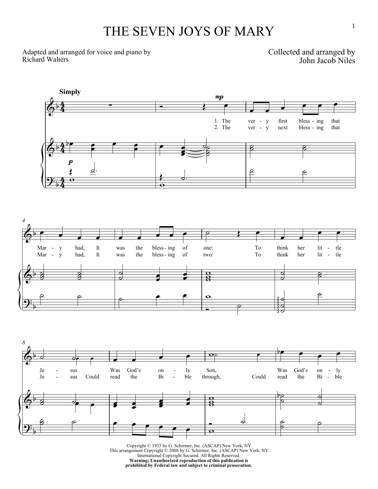 John Jacob Niles The Seven Joys Of Mary sheet music notes and chords arranged for Piano & Vocal