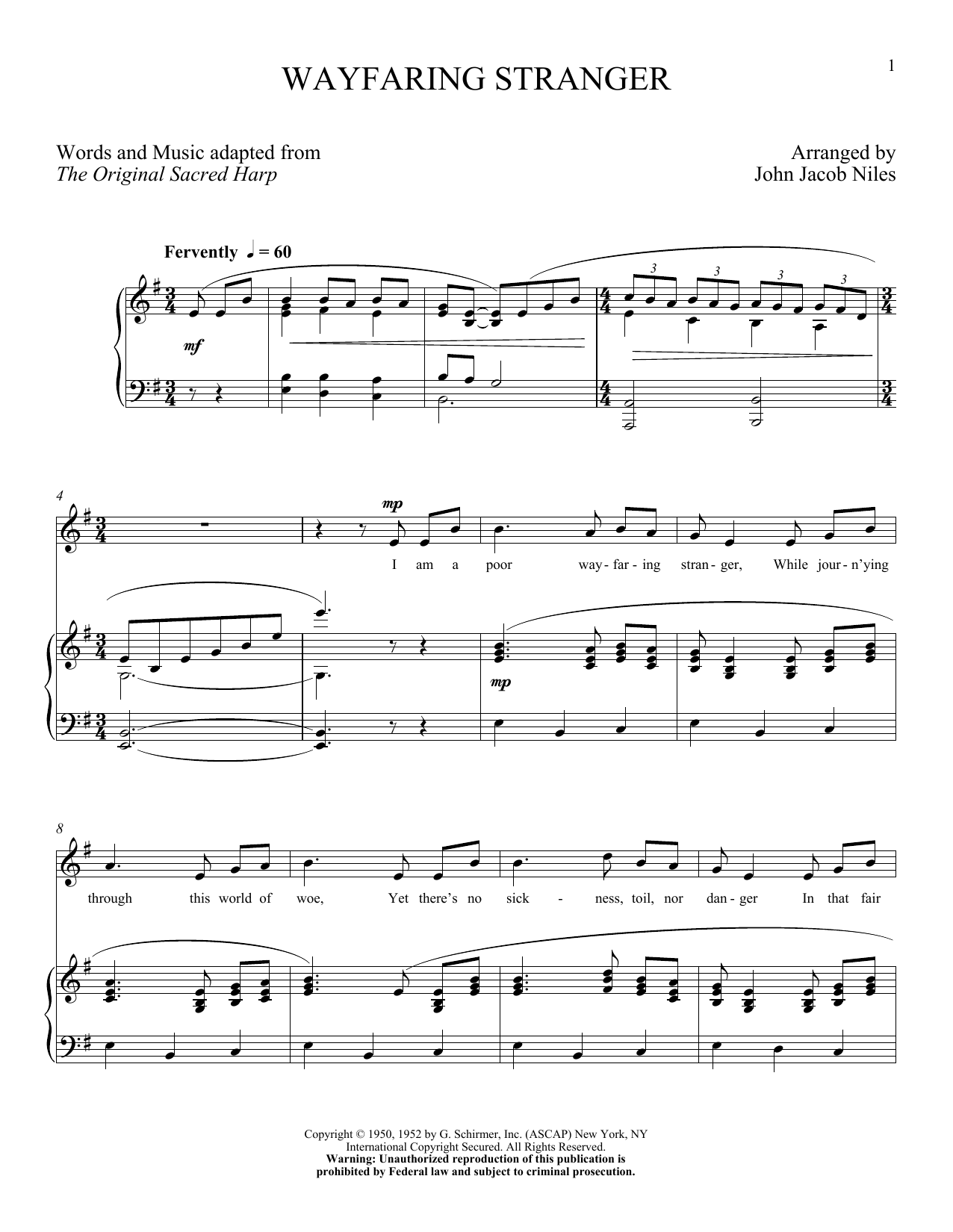 John Jacob Niles Wayfaring Stranger sheet music notes and chords arranged for Piano & Vocal