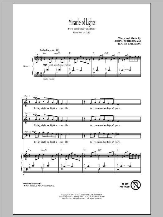 John Jacobson Miracle Of Lights sheet music notes and chords arranged for 3-Part Mixed Choir