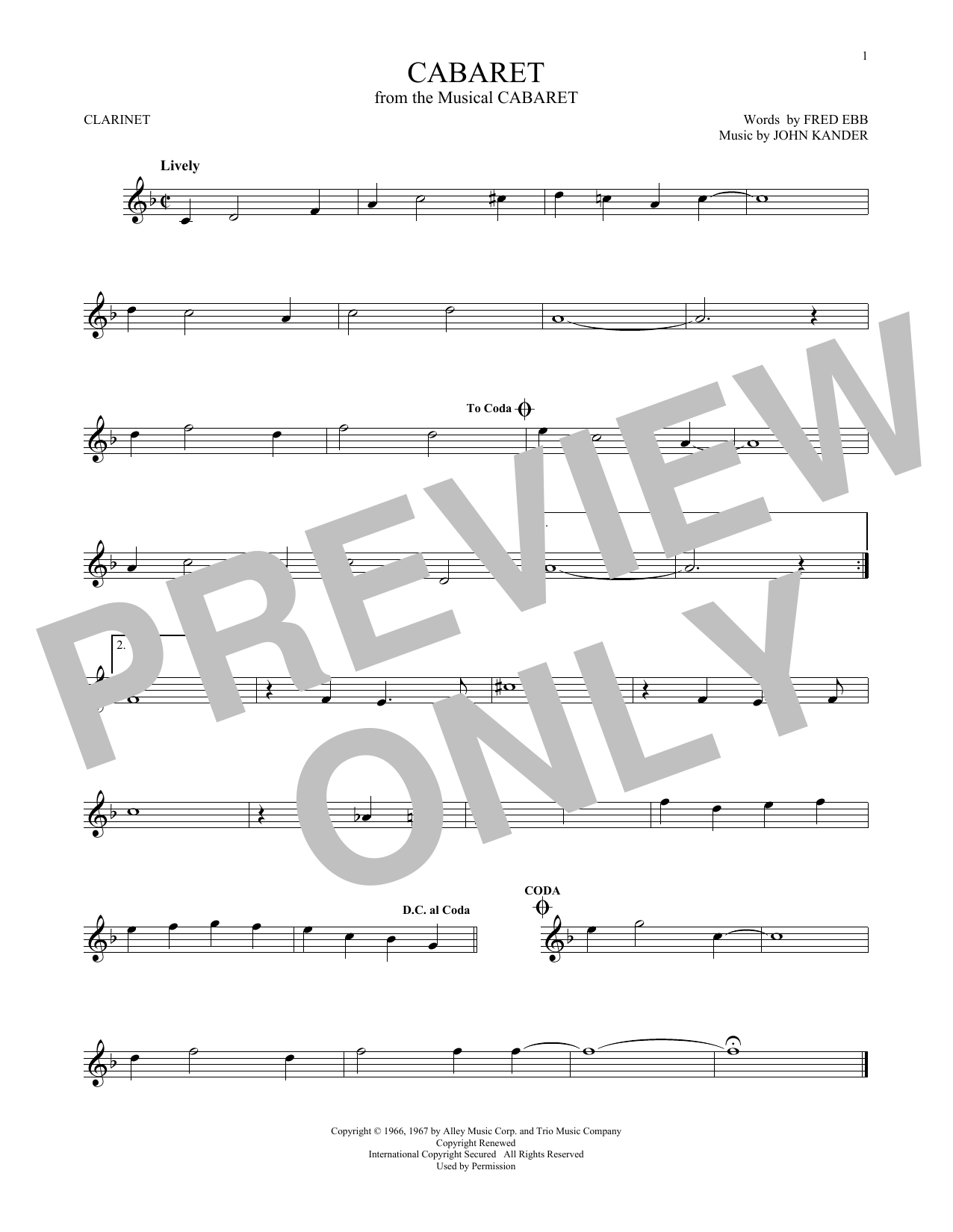 John Kander & Fred Ebb Cabaret sheet music notes and chords arranged for Alto Sax Solo