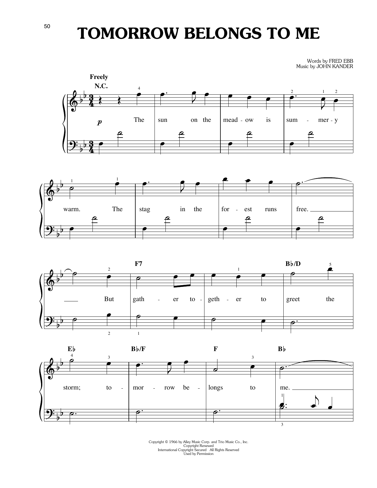 John Kander Tomorrow Belongs To Me sheet music notes and chords arranged for Easy Piano