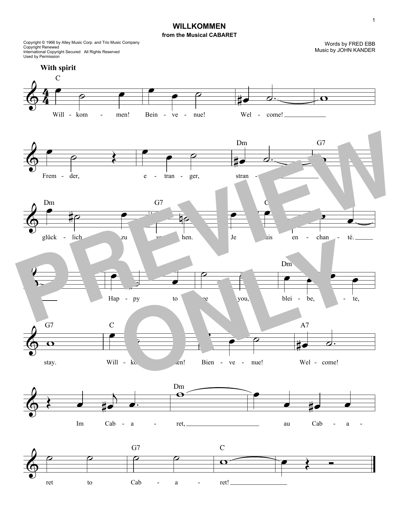 John Kander Willkommen sheet music notes and chords arranged for Lead Sheet / Fake Book