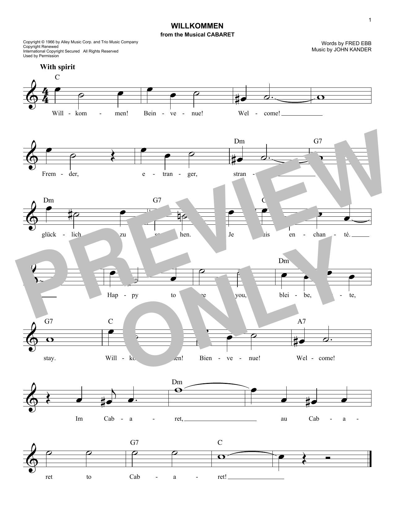 John Kander Willkommen sheet music notes and chords arranged for Easy Lead Sheet / Fake Book
