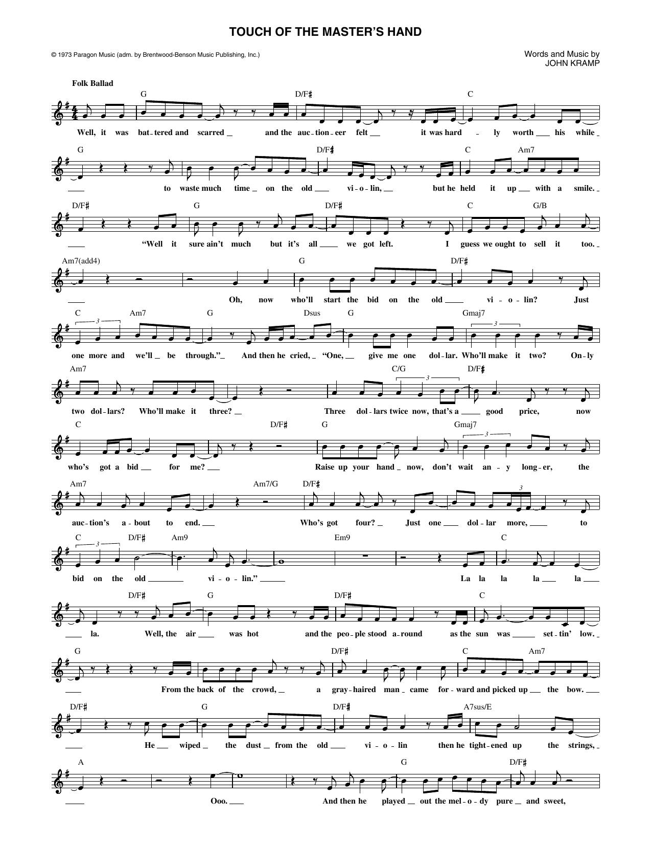 John Kramp The Touch Of The Master's Hand sheet music notes and chords arranged for Lead Sheet / Fake Book