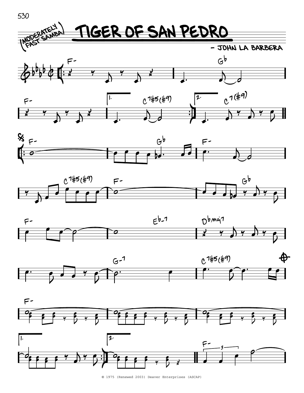 John La Barbera Tiger Of San Pedro sheet music notes and chords arranged for Real Book – Melody & Chords