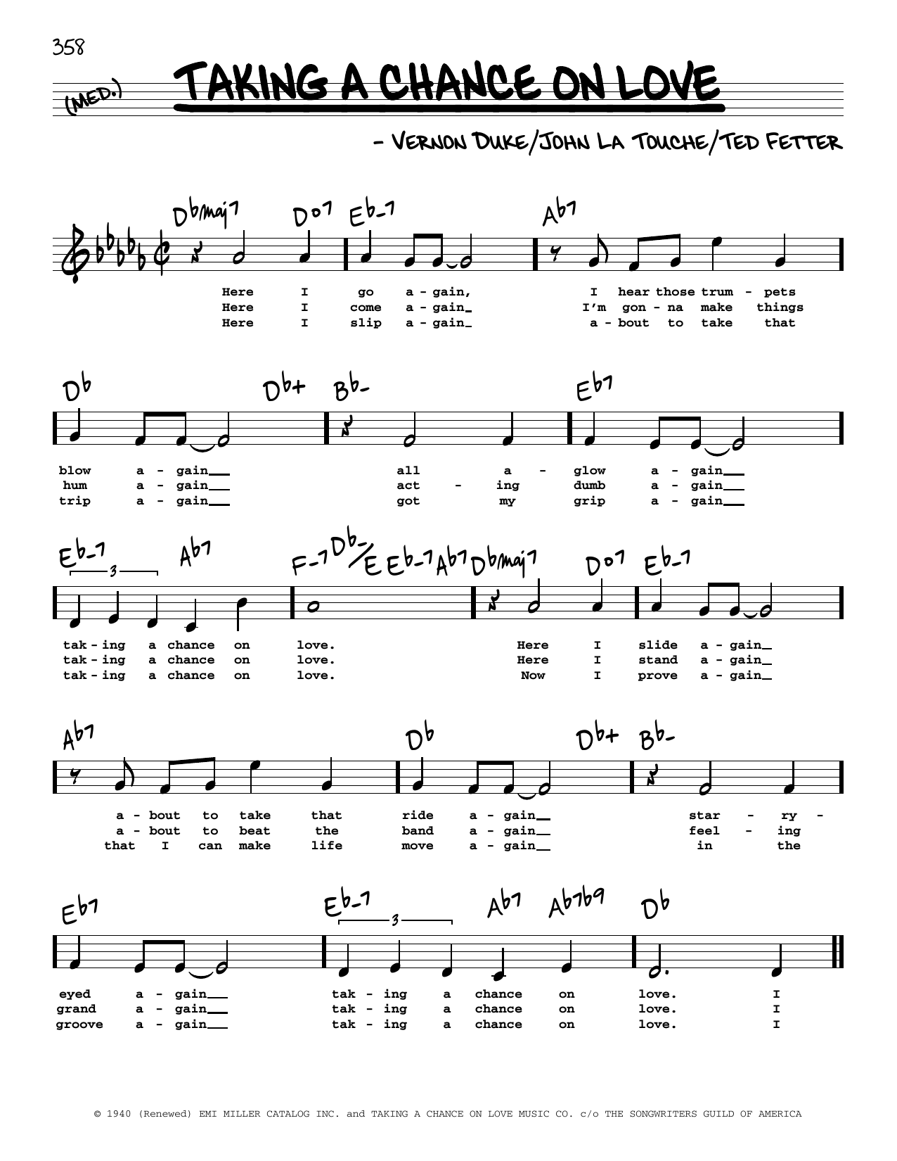 John La Touche Taking A Chance On Love (High Voice) sheet music notes and chords arranged for Real Book – Melody, Lyrics & Chords