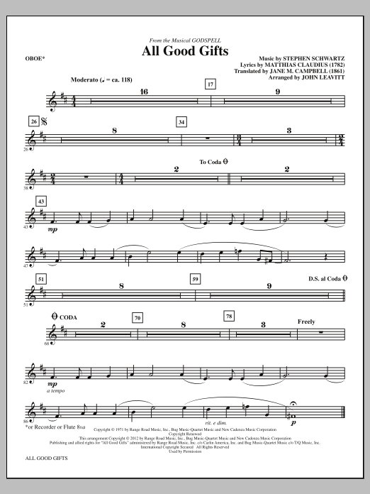 John Leavitt All Good Gifts - Oboe sheet music notes and chords arranged for Choir Instrumental Pak