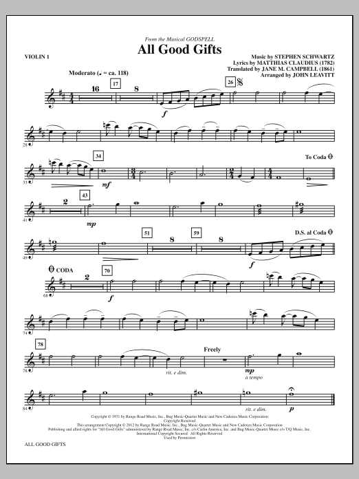John Leavitt All Good Gifts - Violin 1 sheet music notes and chords arranged for Choir Instrumental Pak