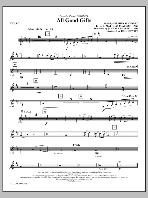 John Leavitt All Good Gifts - Violin 2 sheet music notes and chords arranged for Choir Instrumental Pak