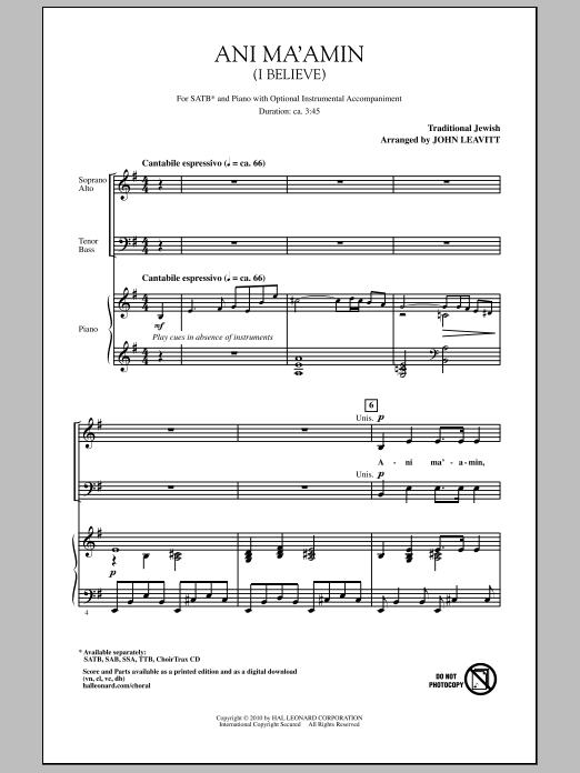 John Leavitt Ani Ma'amin (I Believe) sheet music notes and chords arranged for SATB Choir