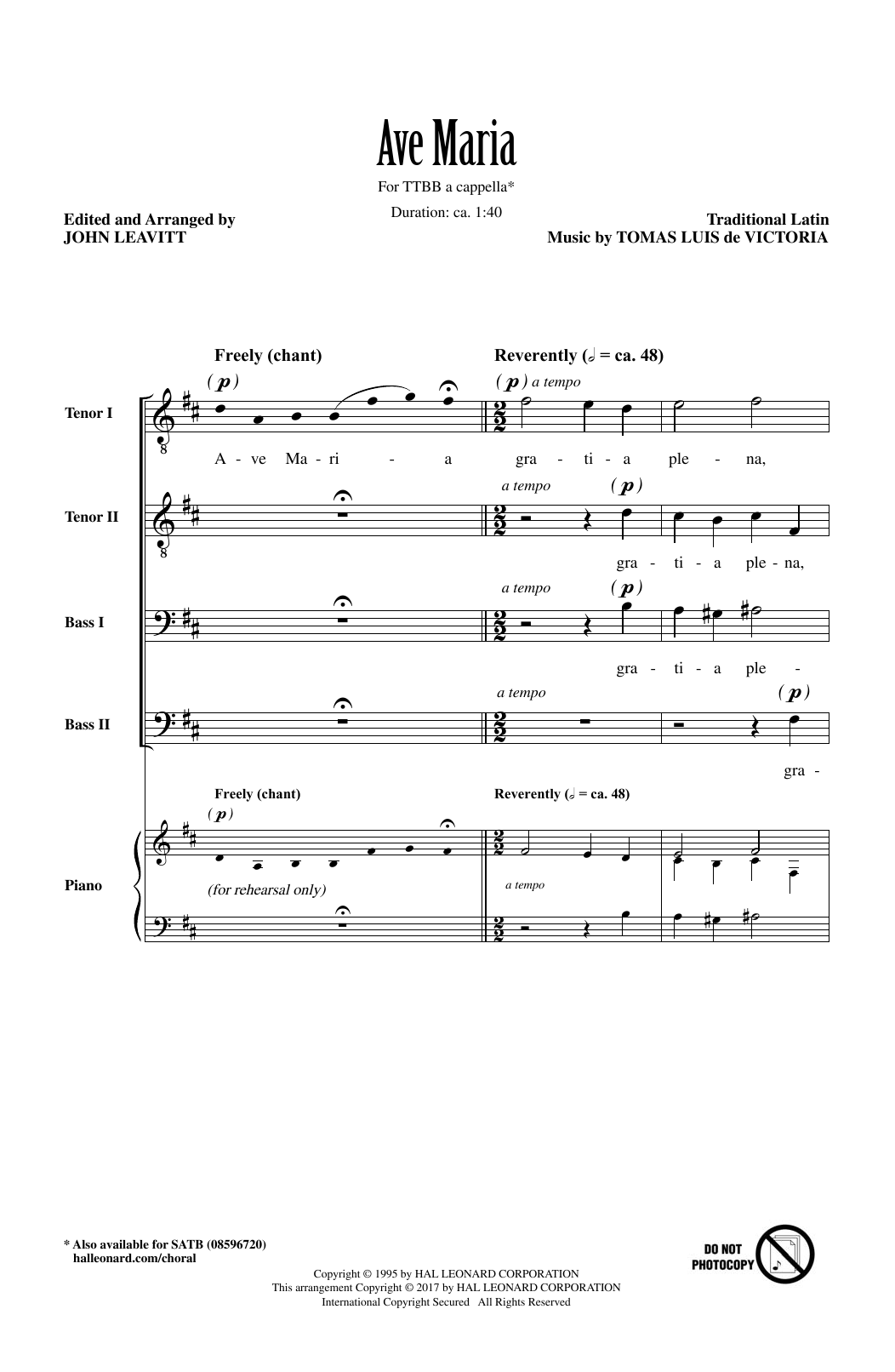 John Leavitt Ave Maria sheet music notes and chords arranged for TTBB Choir