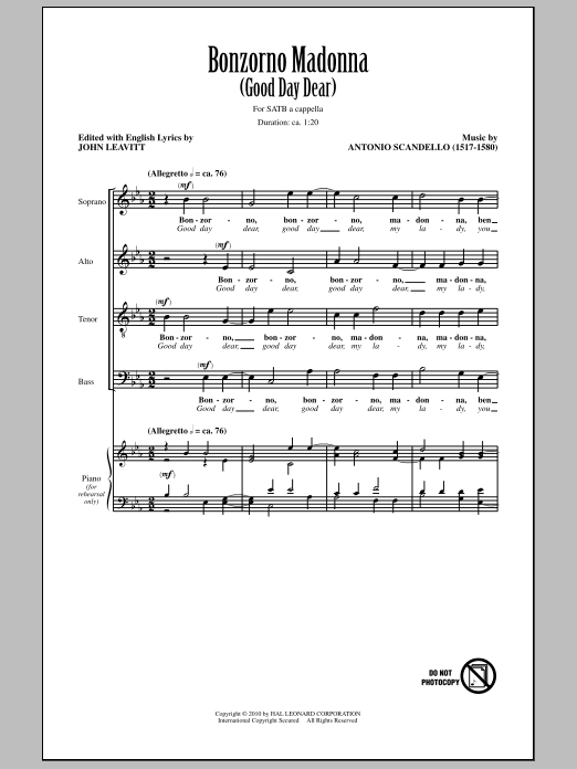 John Leavitt Bonzorno Madonna (Good Day Dear) sheet music notes and chords arranged for SATB Choir