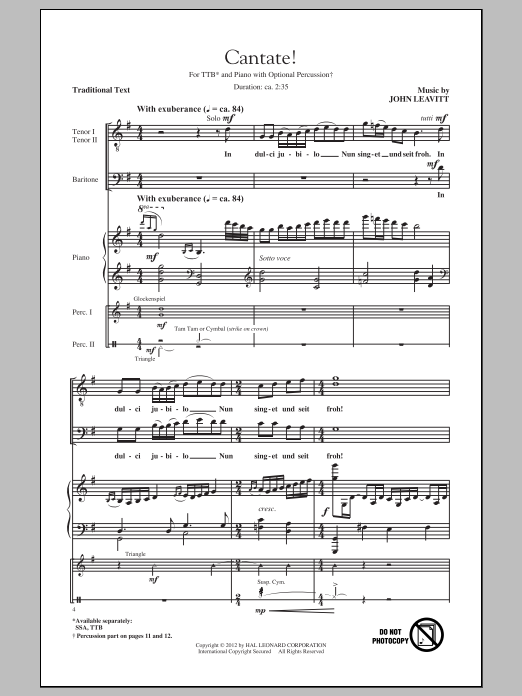 John Leavitt Cantate! sheet music notes and chords arranged for TTBB Choir