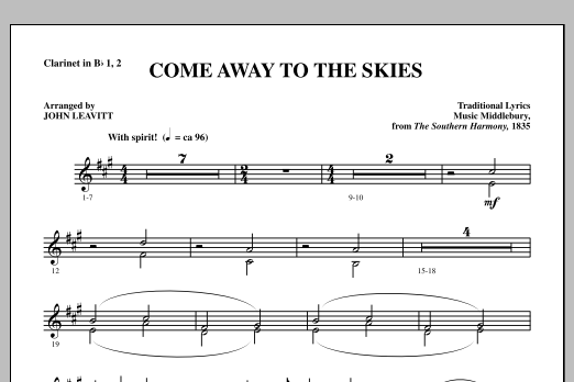 John Leavitt Come Away To The Skies - Bb Clarinet 1 & 2 sheet music notes and chords arranged for Choir Instrumental Pak