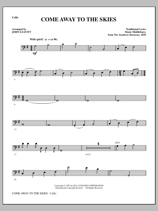 John Leavitt Come Away To The Skies - Cello sheet music notes and chords arranged for Choir Instrumental Pak