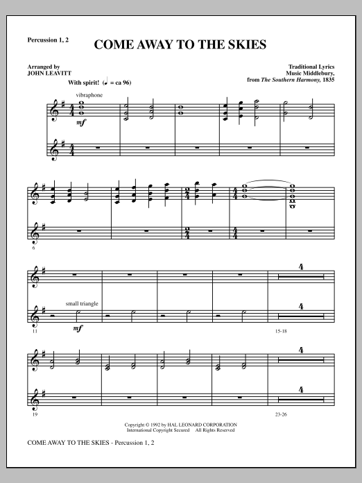 John Leavitt Come Away To The Skies - Percussion 1 & 2 sheet music notes and chords arranged for Choir Instrumental Pak