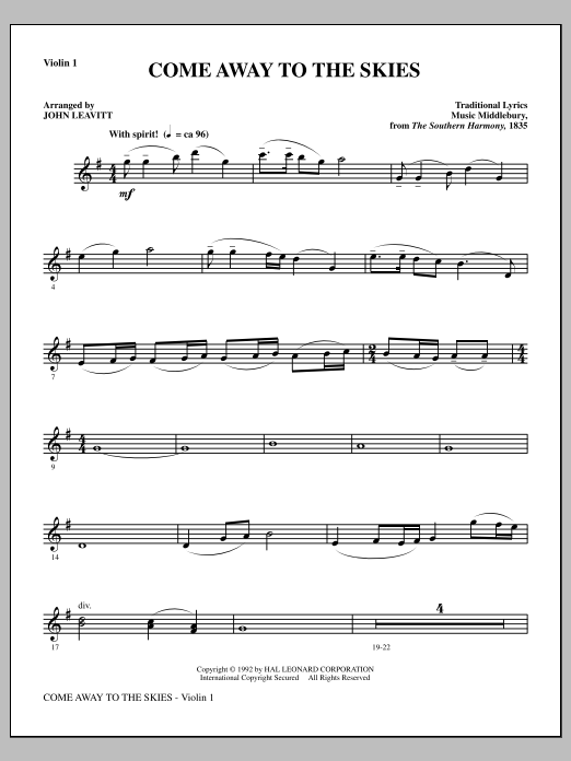 John Leavitt Come Away To The Skies - Violin 1 sheet music notes and chords arranged for Choir Instrumental Pak