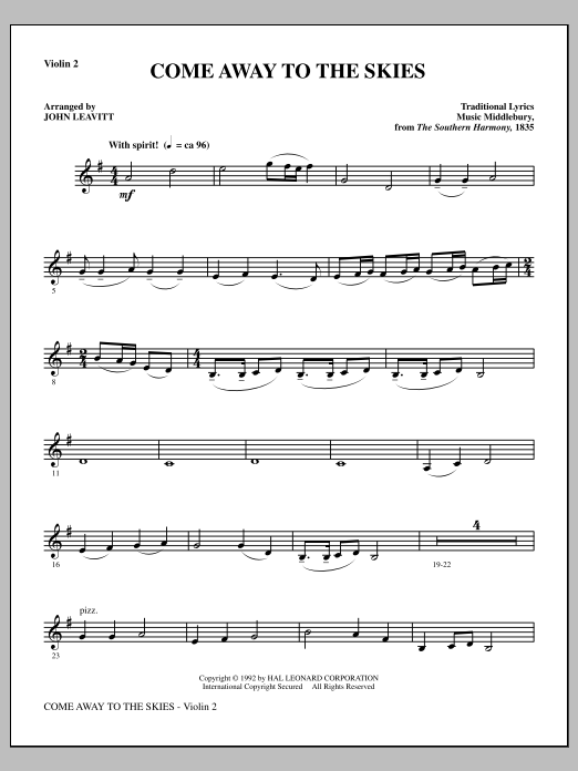 John Leavitt Come Away To The Skies - Violin 2 sheet music notes and chords arranged for Choir Instrumental Pak