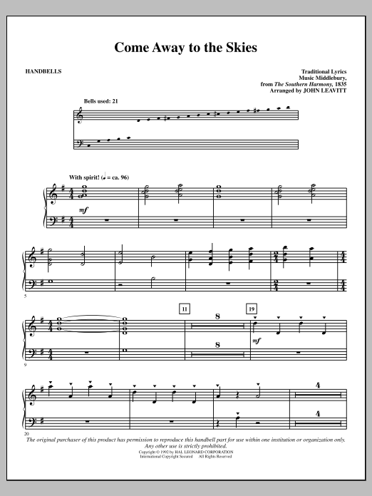 John Leavitt Come Away To The Skies sheet music notes and chords arranged for Handbells