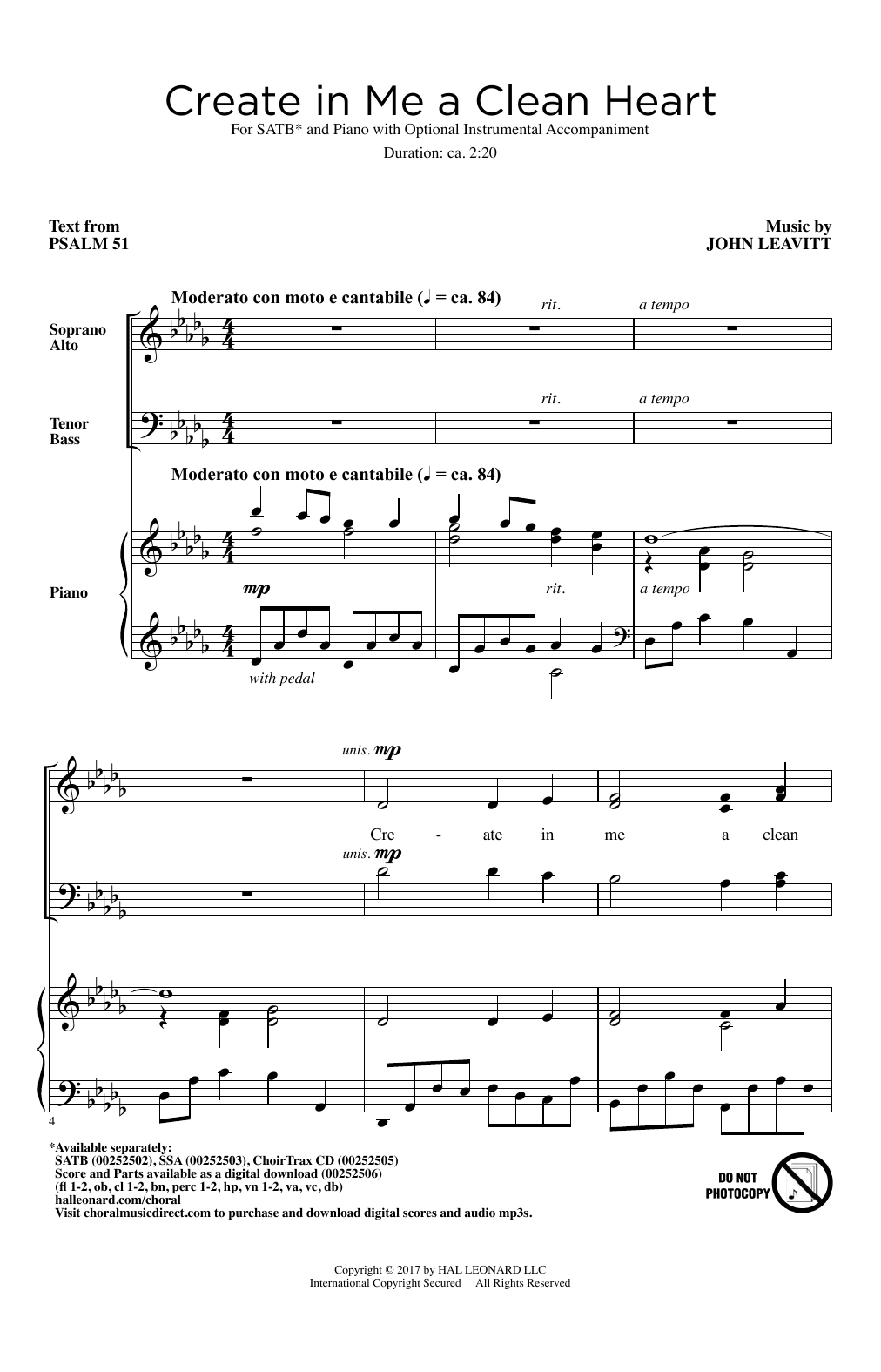 John Leavitt Create In Me A Clean Heart sheet music notes and chords arranged for SSA Choir