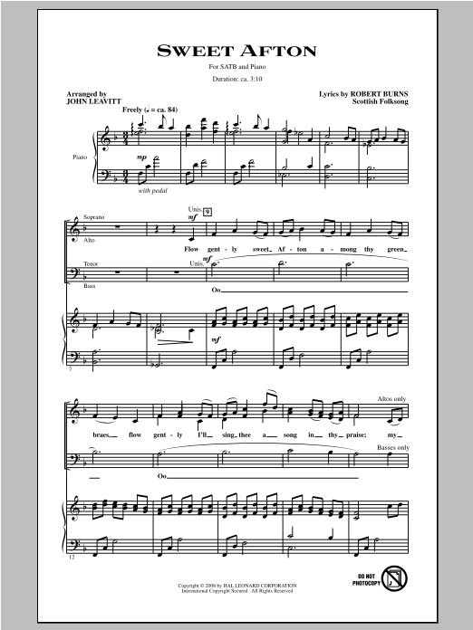 John Leavitt Flow Gently, Sweet Afton sheet music notes and chords arranged for SATB Choir