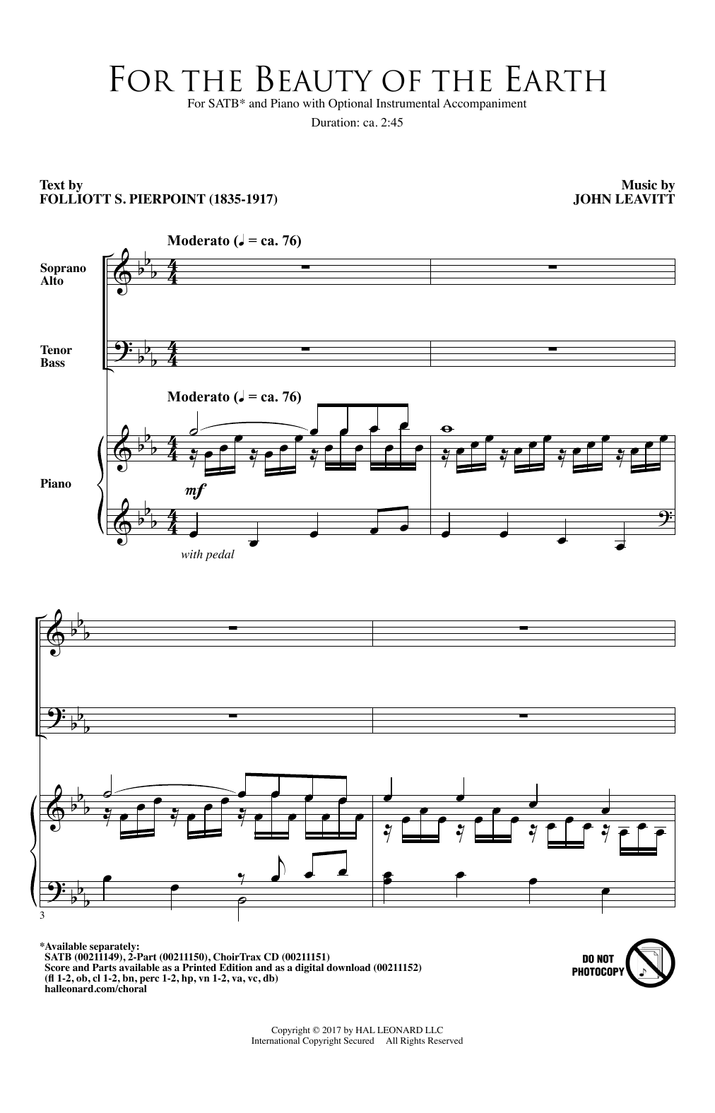John Leavitt For The Beauty Of The Earth sheet music notes and chords arranged for SATB Choir