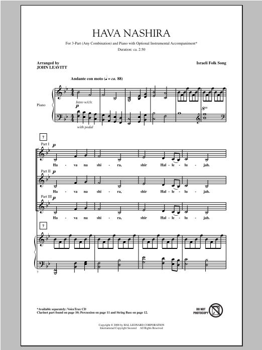John Leavitt Hava Nashira sheet music notes and chords arranged for 3-Part Mixed Choir