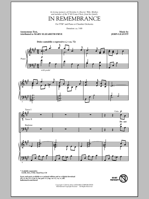John Leavitt In Remembrance sheet music notes and chords arranged for SATB Choir