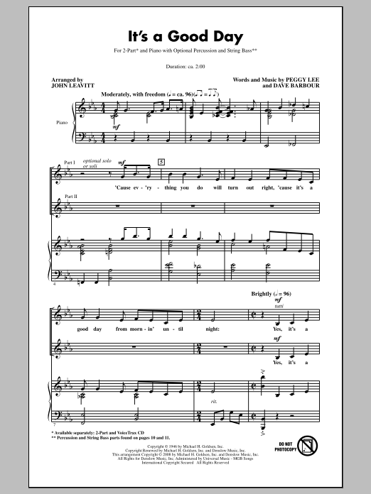 John Leavitt It's A Good Day sheet music notes and chords arranged for 2-Part Choir