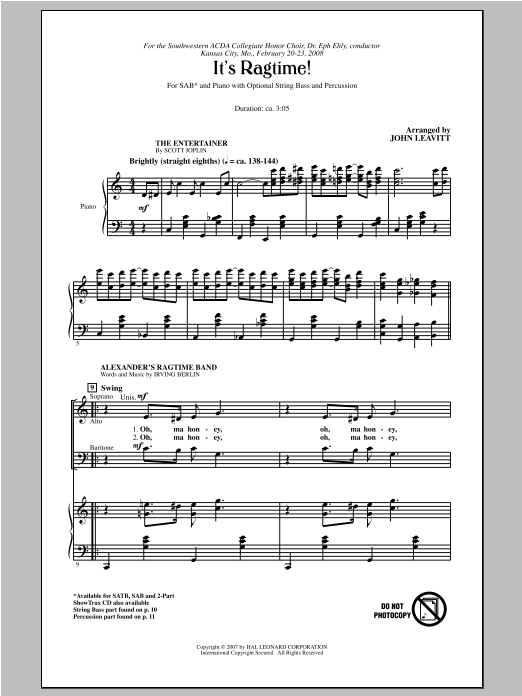 John Leavitt It's Ragtime! sheet music notes and chords arranged for 2-Part Choir