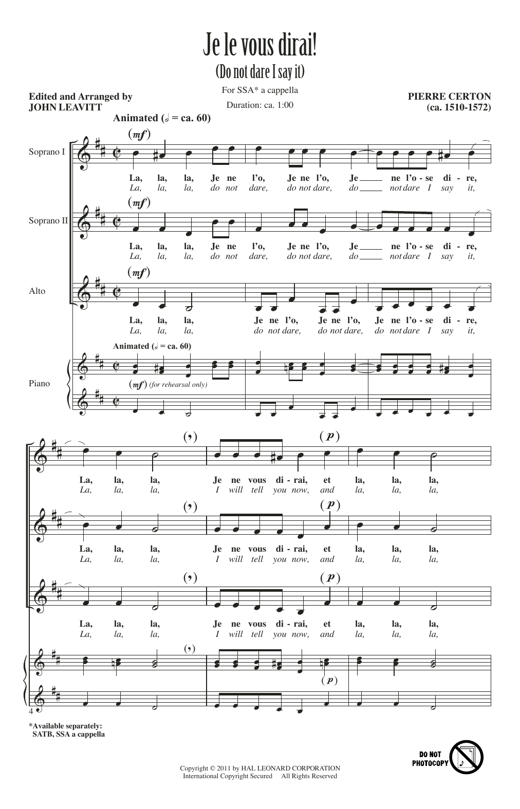 John Leavitt Je Le Vous Dirai sheet music notes and chords arranged for SSA Choir