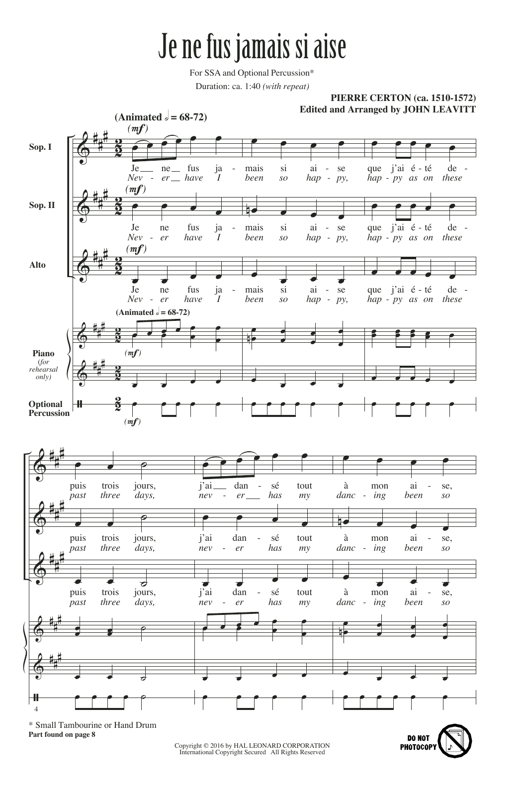 John Leavitt Je Ne Fus Jamais Si Aise sheet music notes and chords arranged for SSA Choir