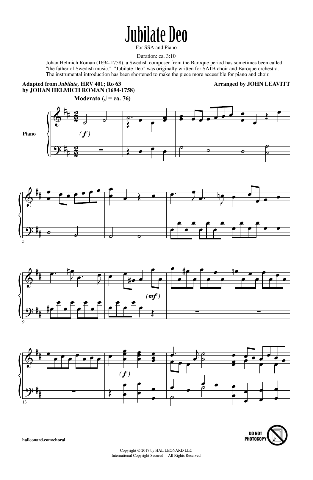John Leavitt Jubilate Deo sheet music notes and chords arranged for SSA Choir