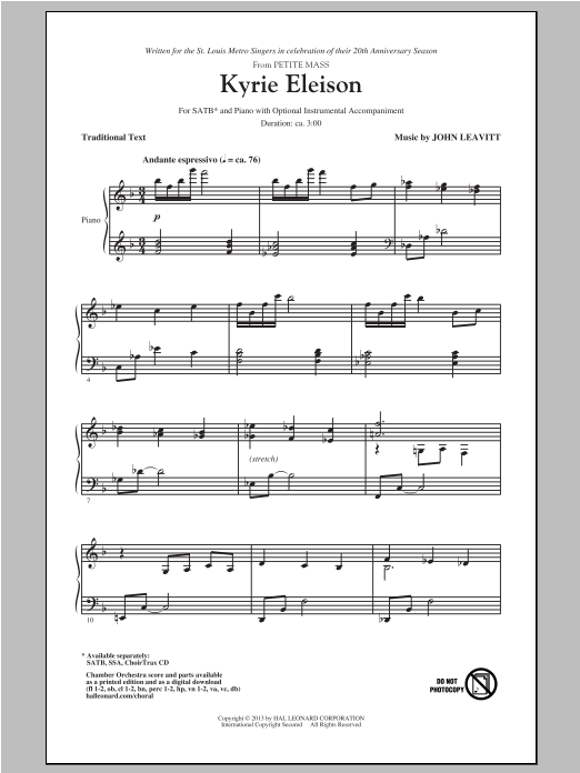 John Leavitt Kyrie Eleison (from Petite Mass) sheet music notes and chords arranged for SSA Choir