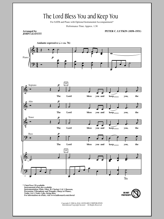 John Leavitt Lord Bless You And Keep You sheet music notes and chords arranged for SATB Choir