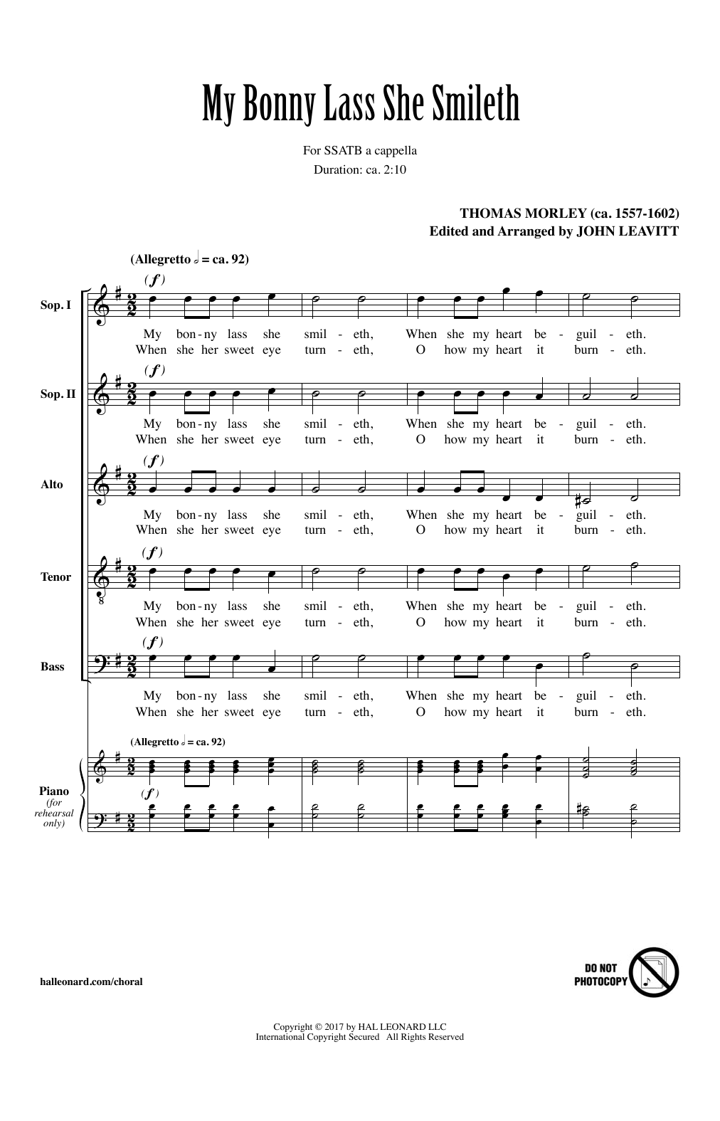 John Leavitt My Bonny Lass She Smileth sheet music notes and chords arranged for SATB Choir